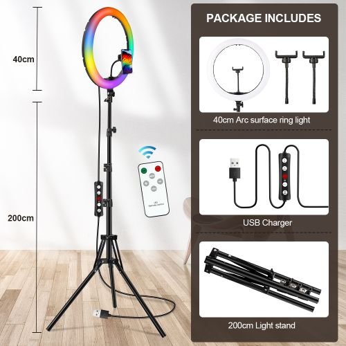 16 Inch LED Selfie Ring Light RGB Dimmable Ring Lamp With 200cm Tripod Stand Photographic Live Lighting 3 Phone Clips Fill Light