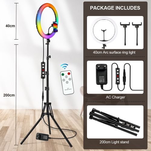 16 Inch LED Selfie Ring Light RGB Dimmable Ring Lamp With 200cm Tripod Stand Photographic Live Lighting 3 Phone Clips Fill Light