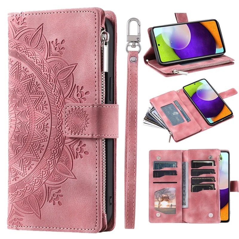 8 Card Slots Zipper Wallet Case for Samsung Galaxy S23 S22 S21 S20 S10 A13 A14 A33 A53 A73 A32 A52 Embossed PU Leather Phone Bag