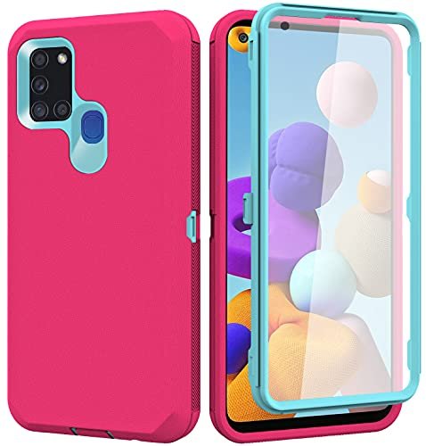Annymall Galaxy A21s Case US Version, Full Body A21s Phone Case with Built in Screen Protector Three Layer Hybrid Heavy Duty Protection Cover for Samsung Galaxy A21s (Rose/Light Green)