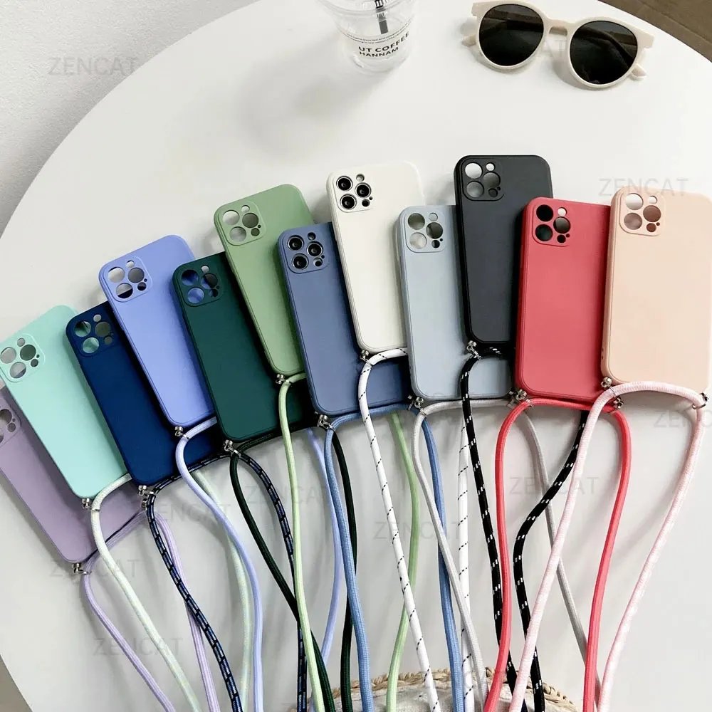 Crossbody Necklace Strap Lanyard Cord Liquid Silicone Phone Case For iphone 15 14 13 12 MiNi 11 Pro X XR XS Max 7 8Plus SE Cover
