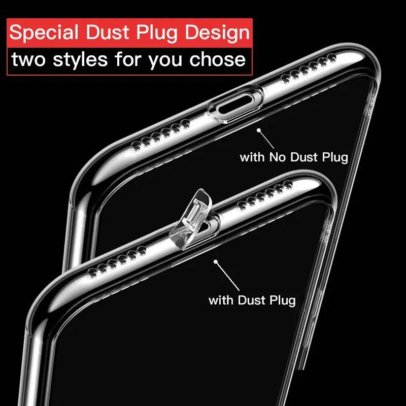 Dust Plug Soft Silicone Transparent Case for iPhone 13 12 14 Mini 11 Pro Max 6 6S 7 8 Plus X XR XS Thin TPU Back Cover Capinhas