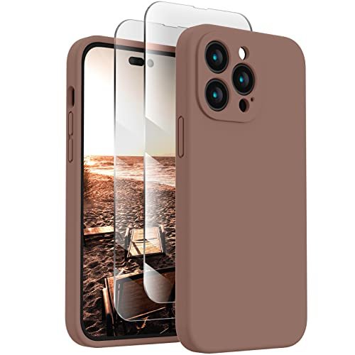 FireNova for iPhone 14 Pro Case, Silicone Upgraded [Camera Protection] Phone Case with [2 Screen Protectors], Soft Anti-Scratch Microfiber Lining Inside, 6.1 inch, Light Brown