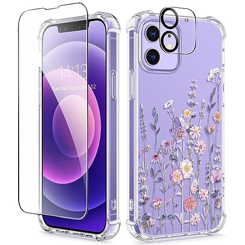 GVIEWIN for iPhone 12 Case and iPhone 12 Pro Case with Screen Protector + Camera Lens Protector, Clear Flexible TPU Shockproof Cover Women Girls Flower Pattern Phone Case 6.1" (Floratopia/Colorful)