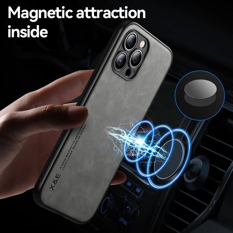 Luxury Magnetic Leather Case for iPhone 15 14 13 12 11 Pro Max Mini XR XS X 8 7 Plus SE 14Pro Magsafe Cover Support Car Holder