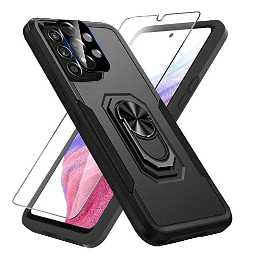Samsung Galaxy a53 5G Case,with 1 Pack Screen Protector+1 Pack Camera Lens Protector,Heavy Duty Shockproof Full Body Protective Phone Cover,Built in Finger Ring Stable Holder Kickstand,2022 Black