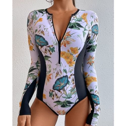 Summer Print Zipper One Piece Swimsuit Closed Long Sleeve Swimwear Sports Surfing Women's Swimming Bathing Suit Beach Bather A21120401