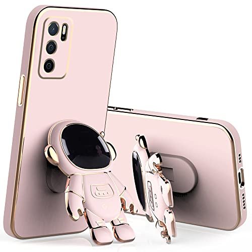 Compatible with Oppo A16 Case with Plating Creative Astronaut Cartoon Holder Pink,Oppo A16s Phone Case Silicone Shockproof Stand Soft TPU Protective Slim Cover (Pink)
