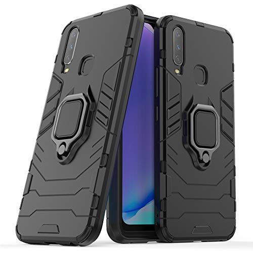 Compatible with VIVO Y17 Case, Metal Ring Grip Kickstand Shockproof Hard Bumper (Works with Magnetic Car Mount) Dual Layer Rugged Cover for VIVO Y17, VIVO Y3 (Black)