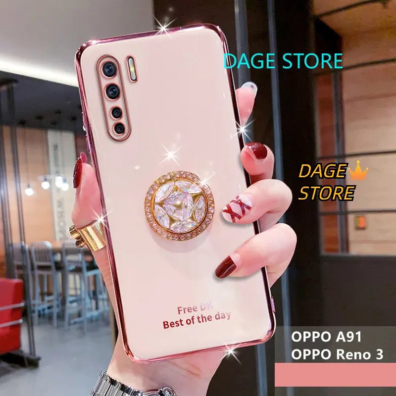 For OPPO A91 / Reno 3 / F15 Electroplated Phone Case Bling Crystal Holder Cover Soft TPU Back Cover