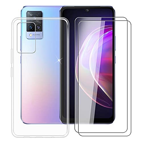 HHUAN Case for Vivo V21 5G (6.44 Inch) with 2 X Tempered Glass Screen Protector, Clear Soft Silicone Cover Bumper TPU Shockproof Phone Case for Vivo V21 5G - Clear
