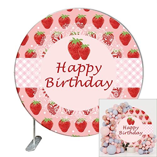 Renaiss Strawberry Pink Round Backdrop Cover for Birthday 7.2ft Sweet Strawberry Cake Summer Fruit Photography Background for Girls Woman Birthday Party Supply Baby Shower Decor