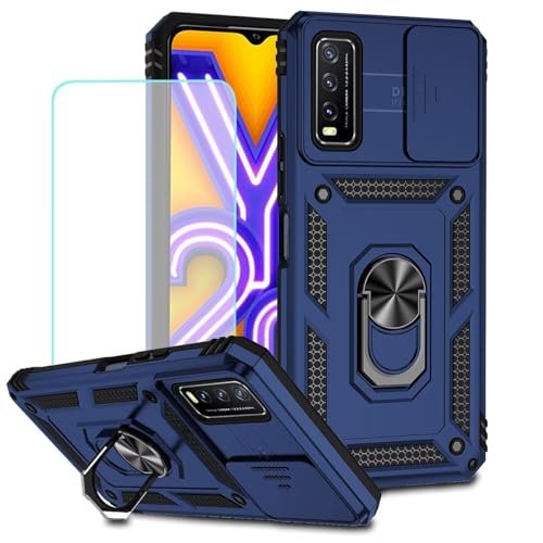 Vokuha Case for Vivo Y20 Case, V2029 Case with Tempered Glass Screen Protector and Slide Camera Cover, 360° Rotate Ring Stand Magnetic Cover for Vivo Y20 Blue