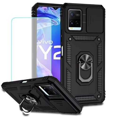 Vokuha Case for Vivo Y21 Case, Vivo Y33S (4G) V2111 V2109 Case with Tempered Glass Screen Protector and Slide Camera Cover, 360° Rotate Ring Stand Magnetic Cover for Vivo Y21 Black