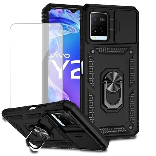 Yodueiv for Vivo Y21 Case, Vivo Y33S (4G) V2111 V2109 Case with Tempered Glass Screen Protector and Slide Camera Cover, Magnetic Ring Car Mount Holder Kickstand Protective Cover for Vivo Y21 Black