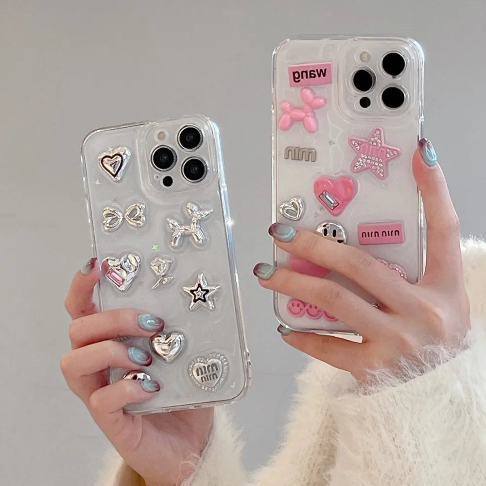 Cute 3D Love Heart Y2K Star Spicy Girl Phone Case For iPhone 15 14 13 11 12 Pro Max Epoxy Transparent Soft Shockproof Cover