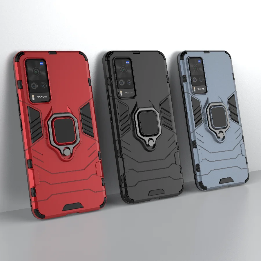 For VIVO X60 Pro X50 IQ007 V20se Y31 Y51 Y52S Y73S Y70S S7 V19 Plastic Shockproof Back Case Ring Holder Armor Bumper Phone Cover