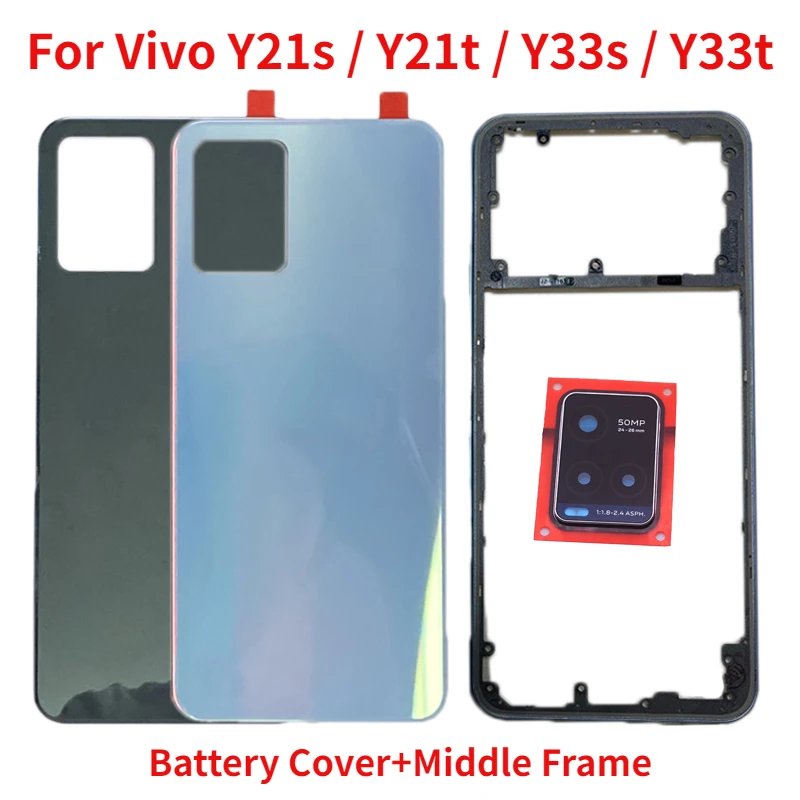 New Back Cover For Vivo Y21s Y21t Y33s Y33t Battery Cover+Middle Frame Rear Door Housing Case with Camera lens+Side Buttons